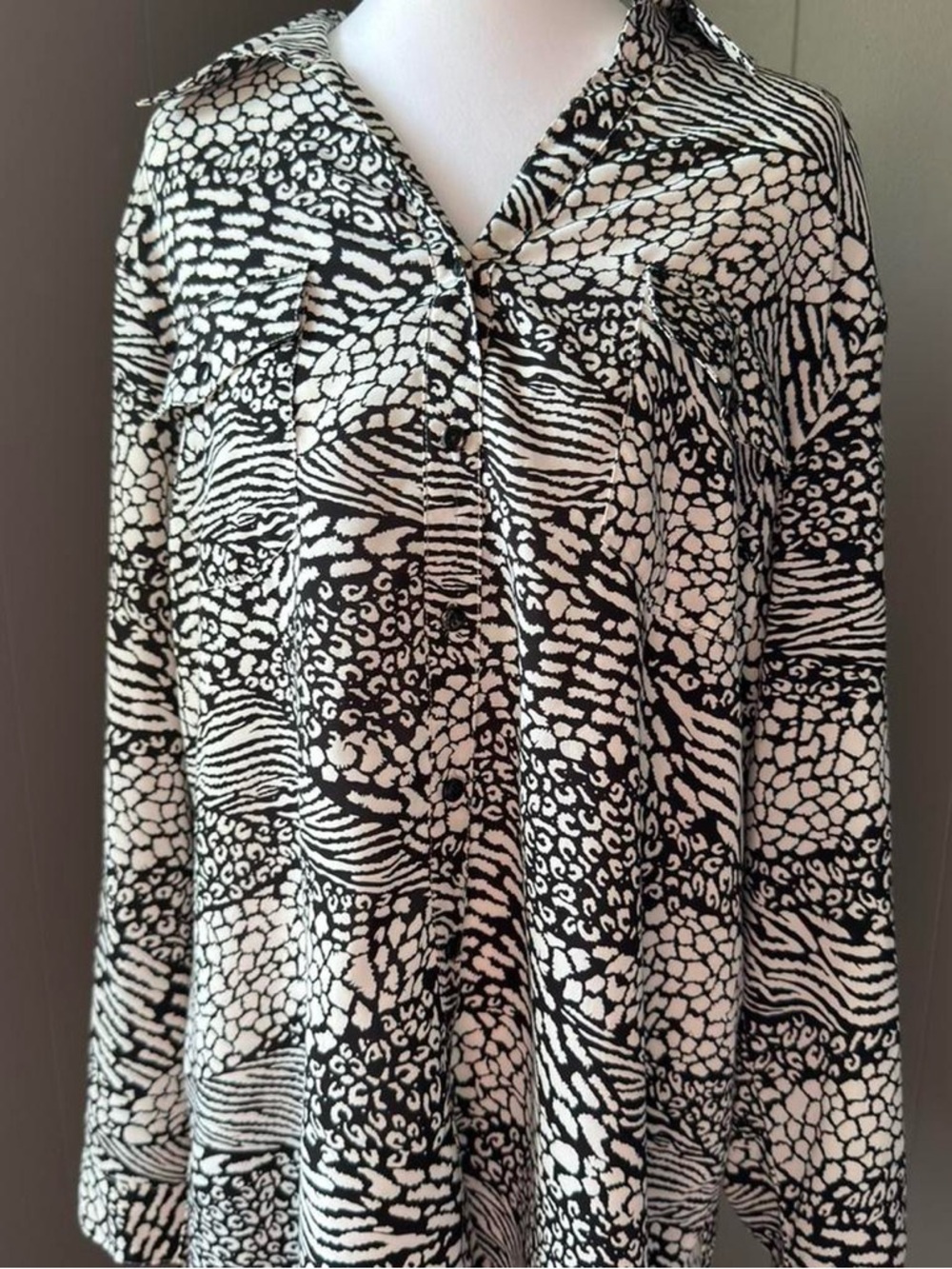 Kim Rogers Black and White Animal-Print Button Down Shirt